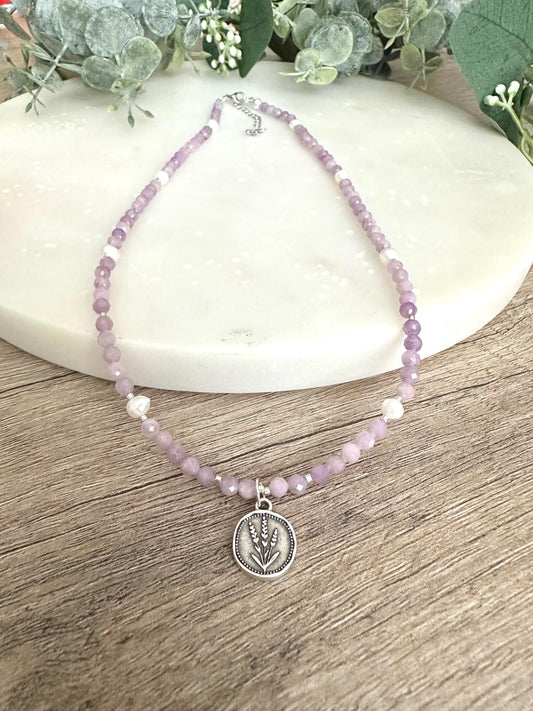 Lavender Beaded Necklace With A Flower Pendant Gift for her-Wedding-Bridesmaid
