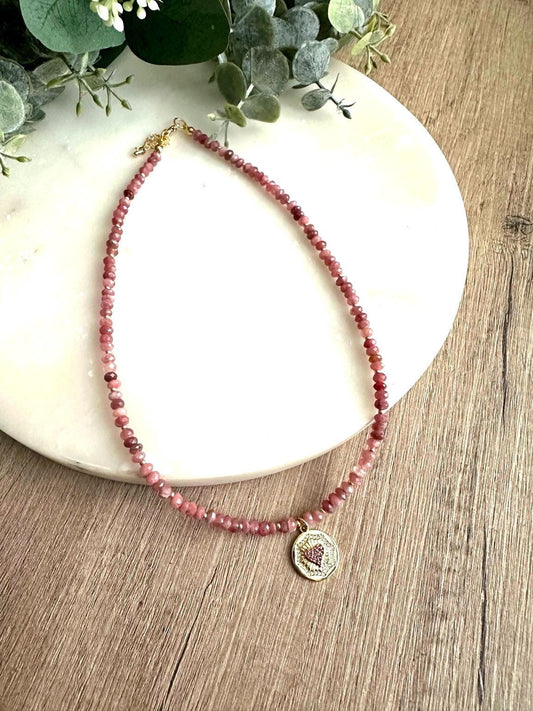 Rosy Dreams- Pink Tourmaline Heart Coin Beaded Necklace -Gift-Wedding-Bridesmaid