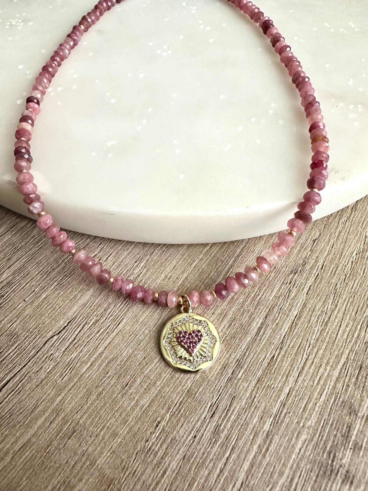 Rosy Dreams- Pink Tourmaline Heart Coin Beaded Necklace -Gift-Wedding-Bridesmaid