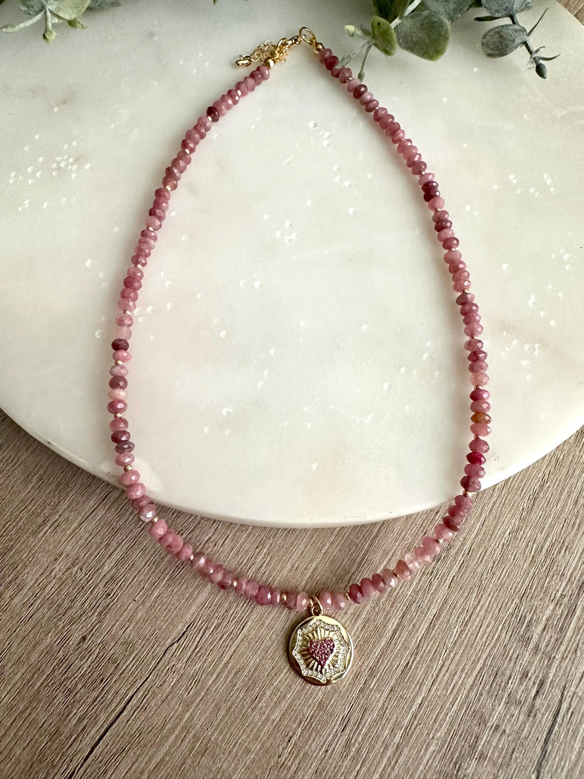 Rosy Dreams- Pink Tourmaline Heart Coin Beaded Necklace -Gift-Wedding-Bridesmaid
