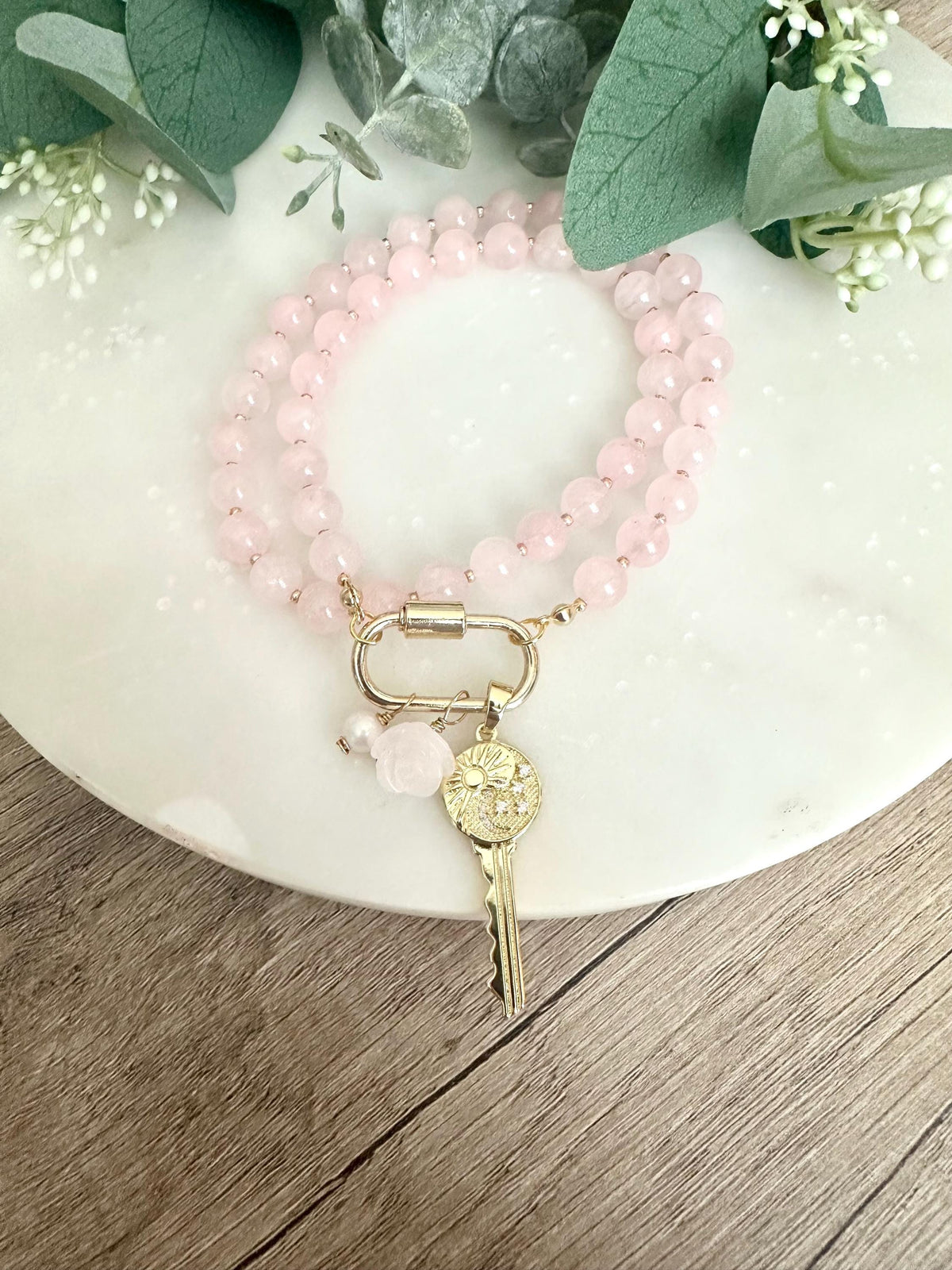 Pink Quartz Beaded Key Necklace -Gift-Wedding-Bridesmaid