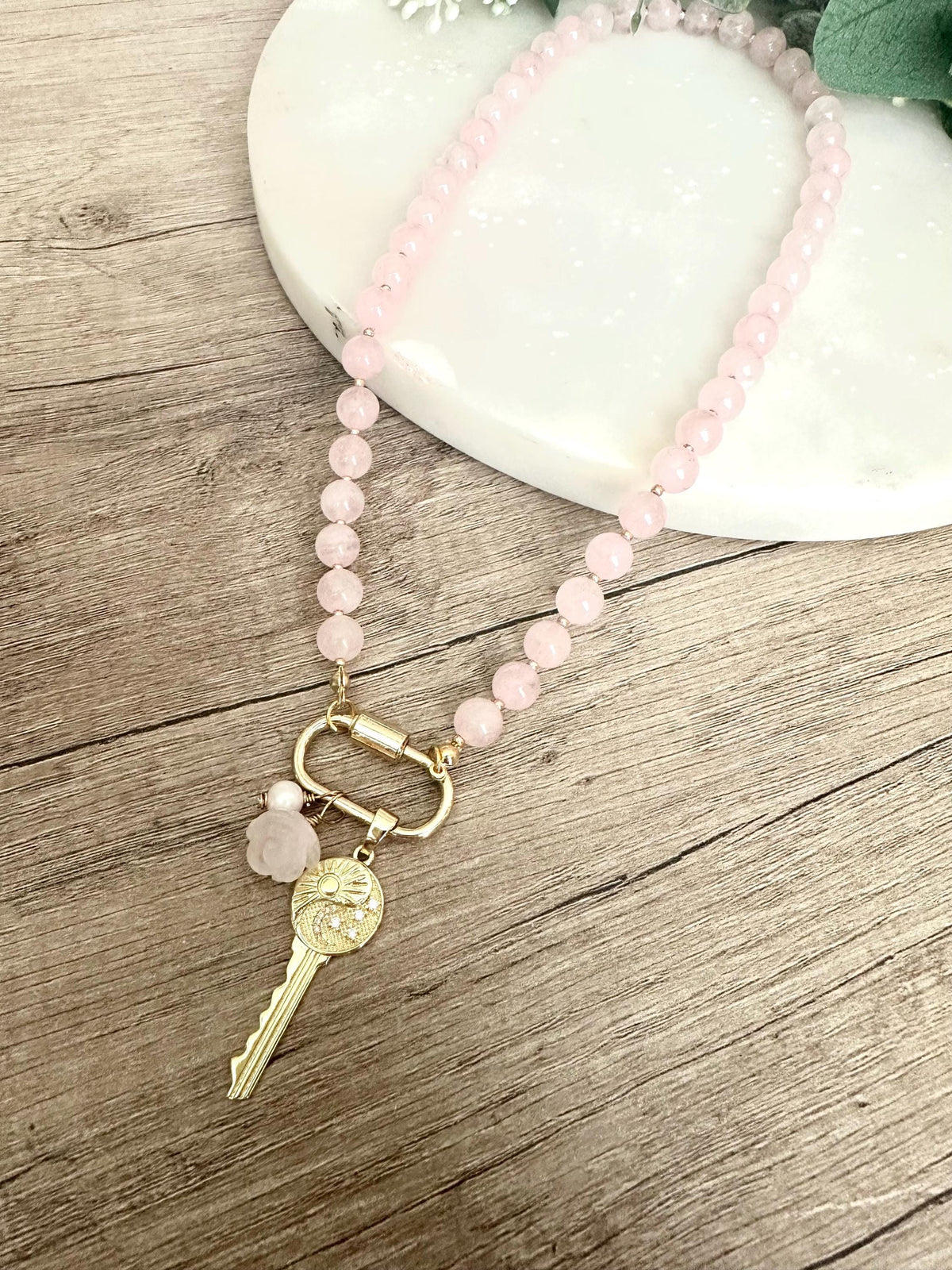 Pink Quartz Beaded Key Necklace -Gift-Wedding-Bridesmaid