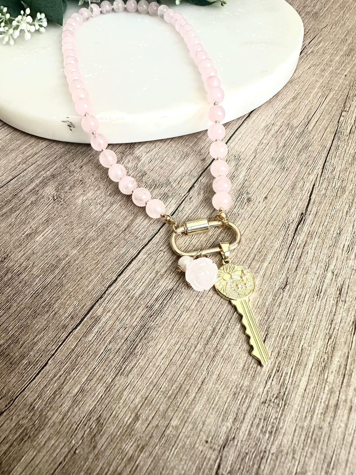 Pink Quartz Beaded Key Necklace -Gift-Wedding-Bridesmaid