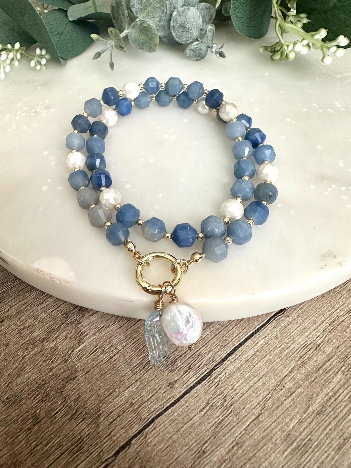 Natural Blue Aventurine Beaded Necklace with Pearl and Angel Wing