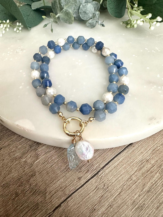 Natural Blue Aventurine Beaded Necklace with Pearl and Angel Wing