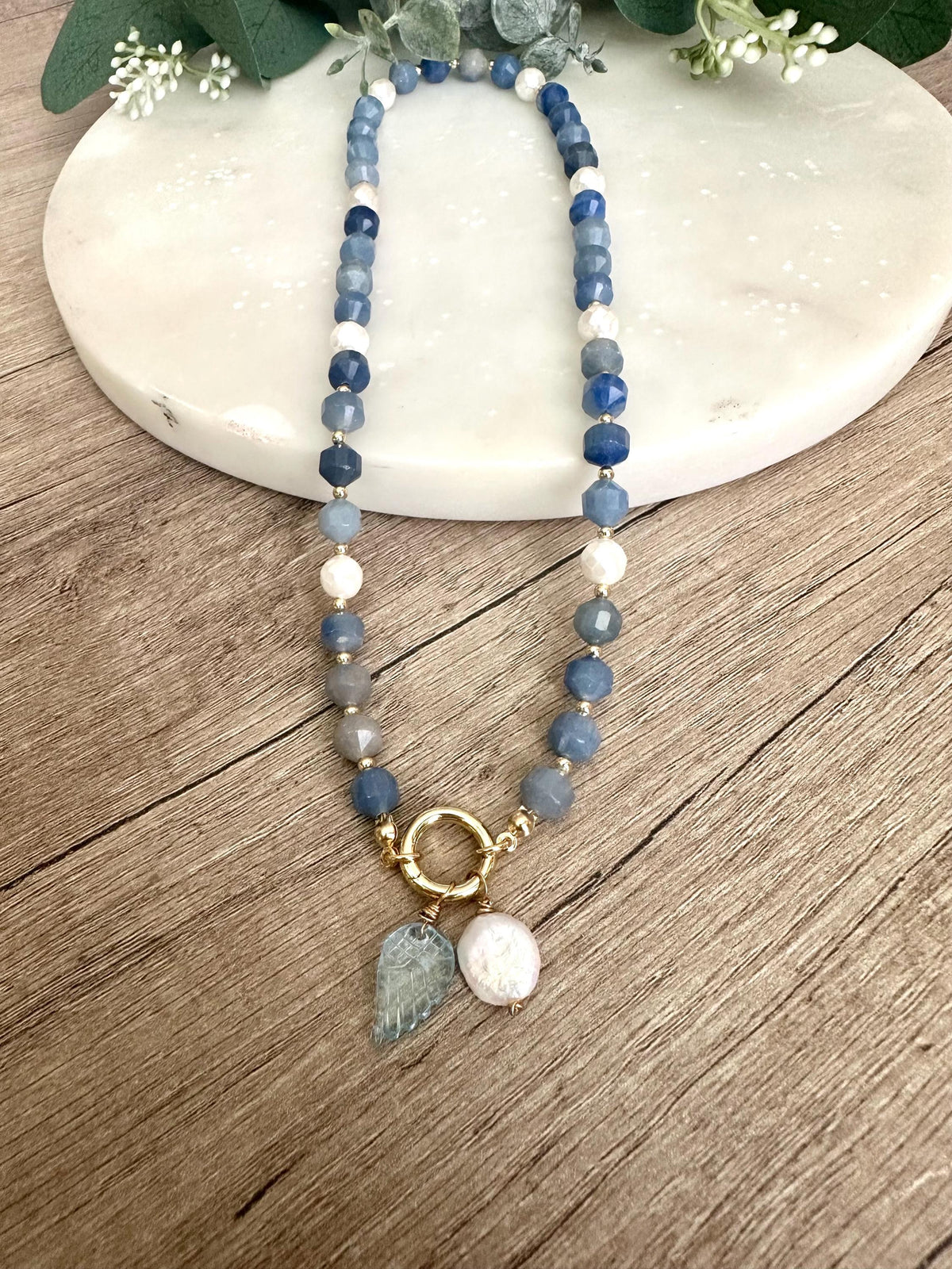 Natural Blue Aventurine Beaded Necklace with Pearl and Angel Wing