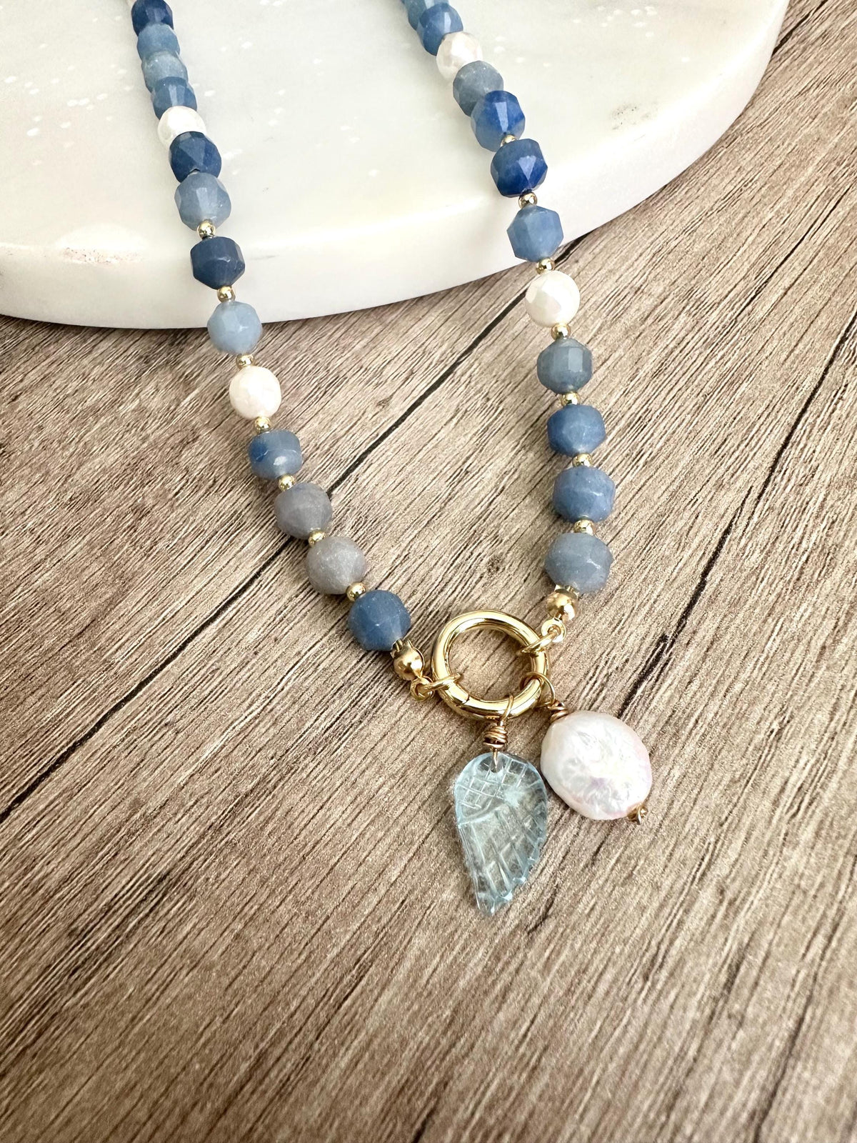 Natural Blue Aventurine Beaded Necklace with Pearl and Angel Wing