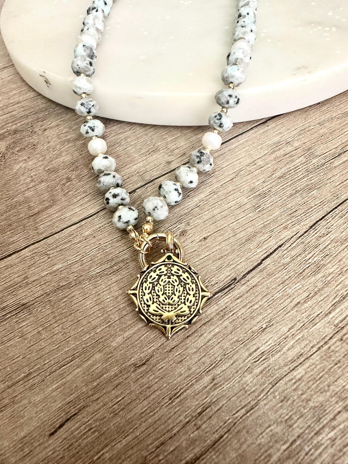 Light Green Kiwi Jasper Beaded Coin Pendant Necklace