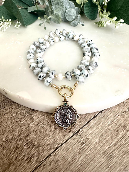 Light Green Kiwi Jasper Beaded Coin Pendant Necklace