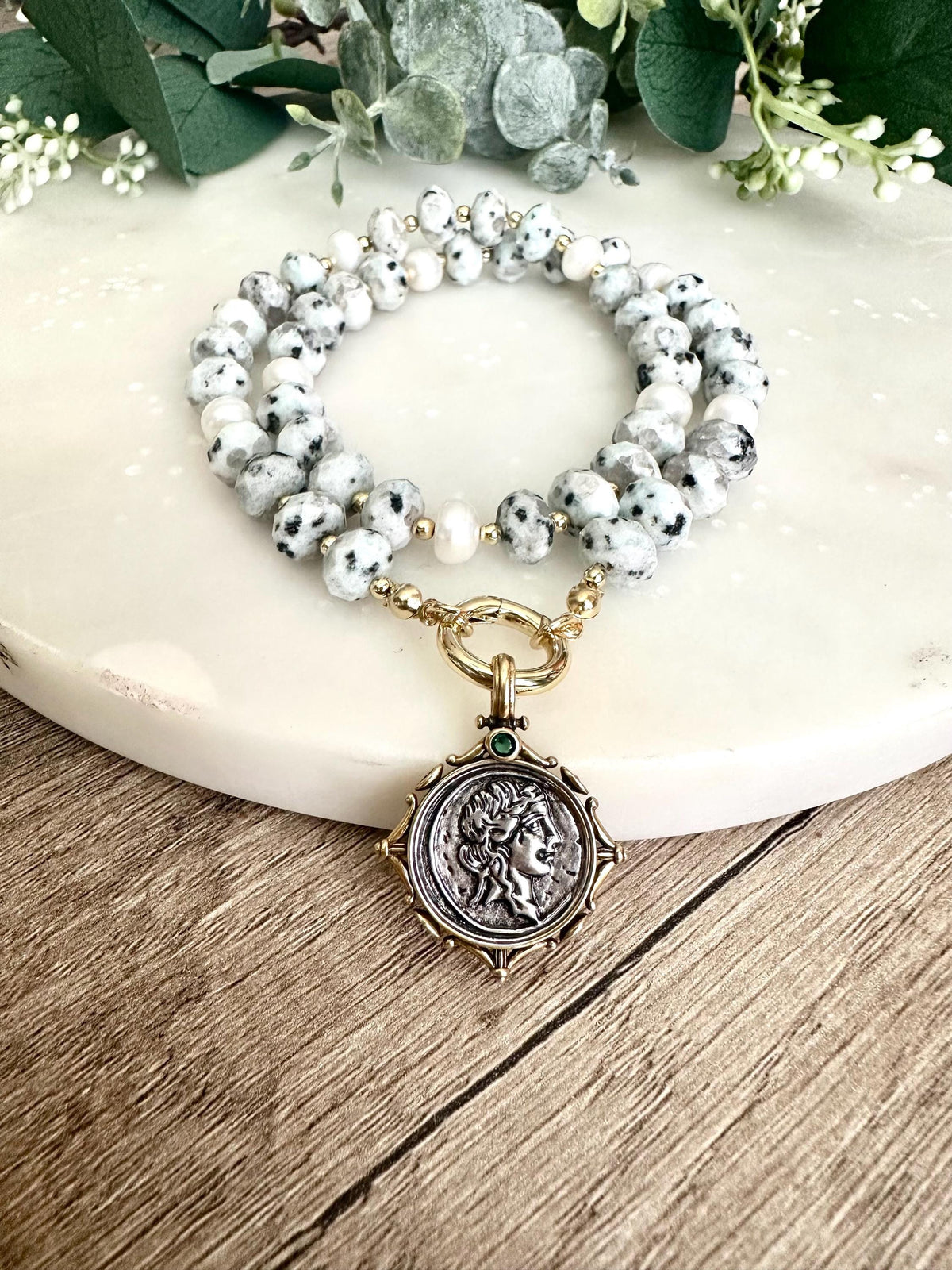 Light Green Kiwi Jasper Beaded Coin Pendant Necklace