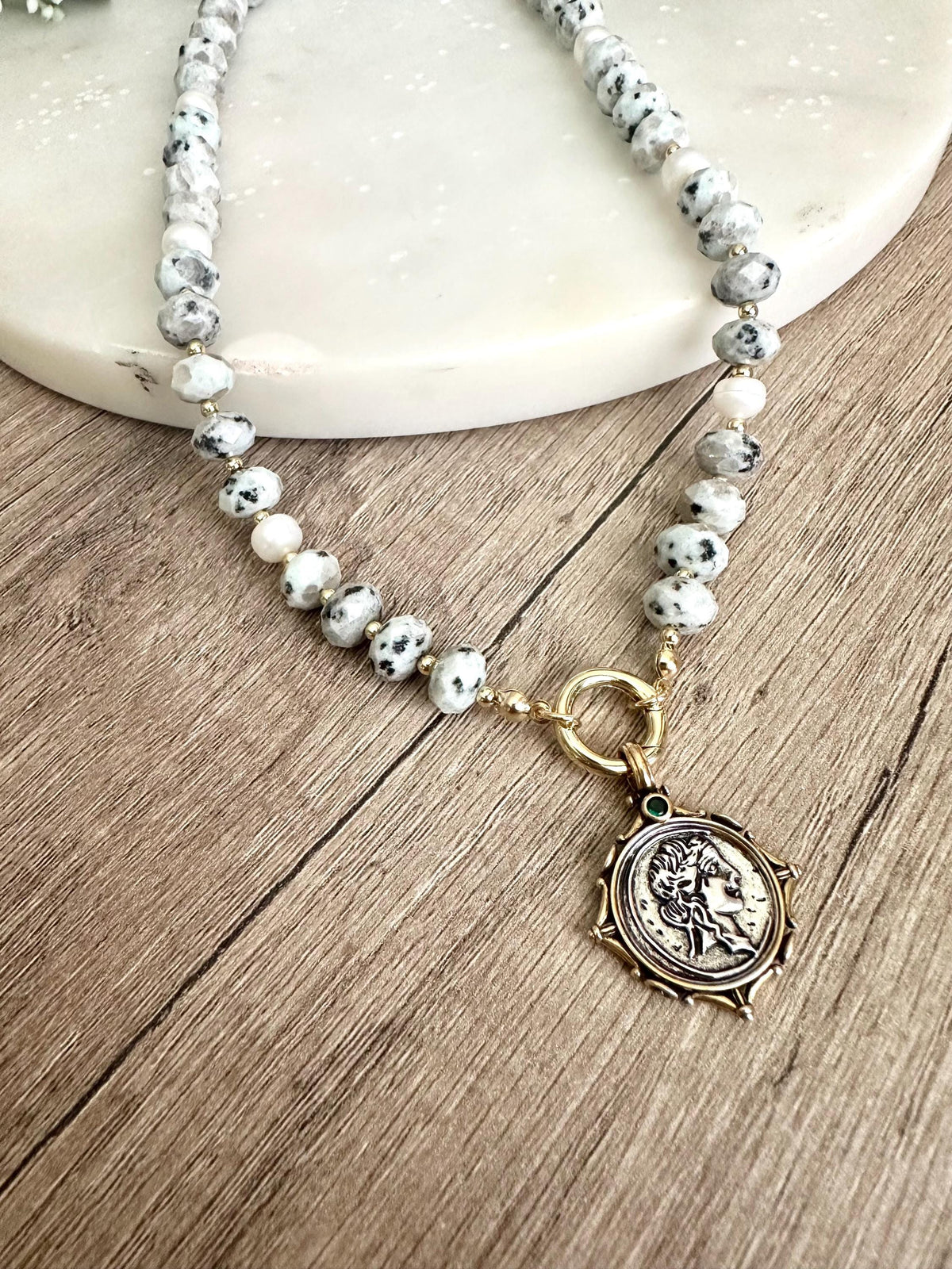 Light Green Kiwi Jasper Beaded Coin Pendant Necklace