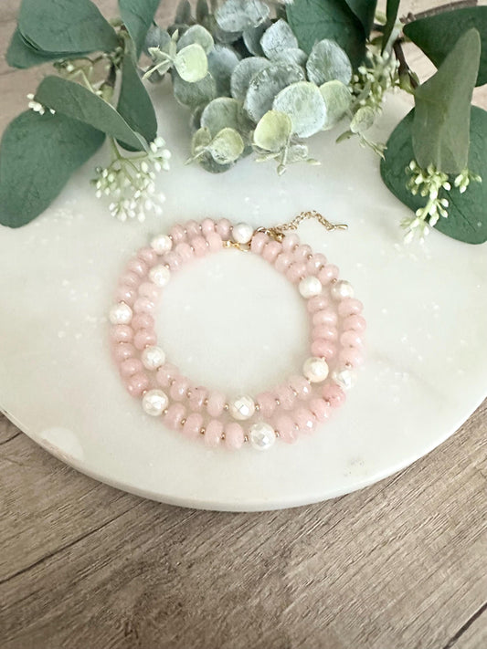 Mystic Pale Pink Jade With Pearls Beaded Necklace -Gift-Wedding-Bridesmaid