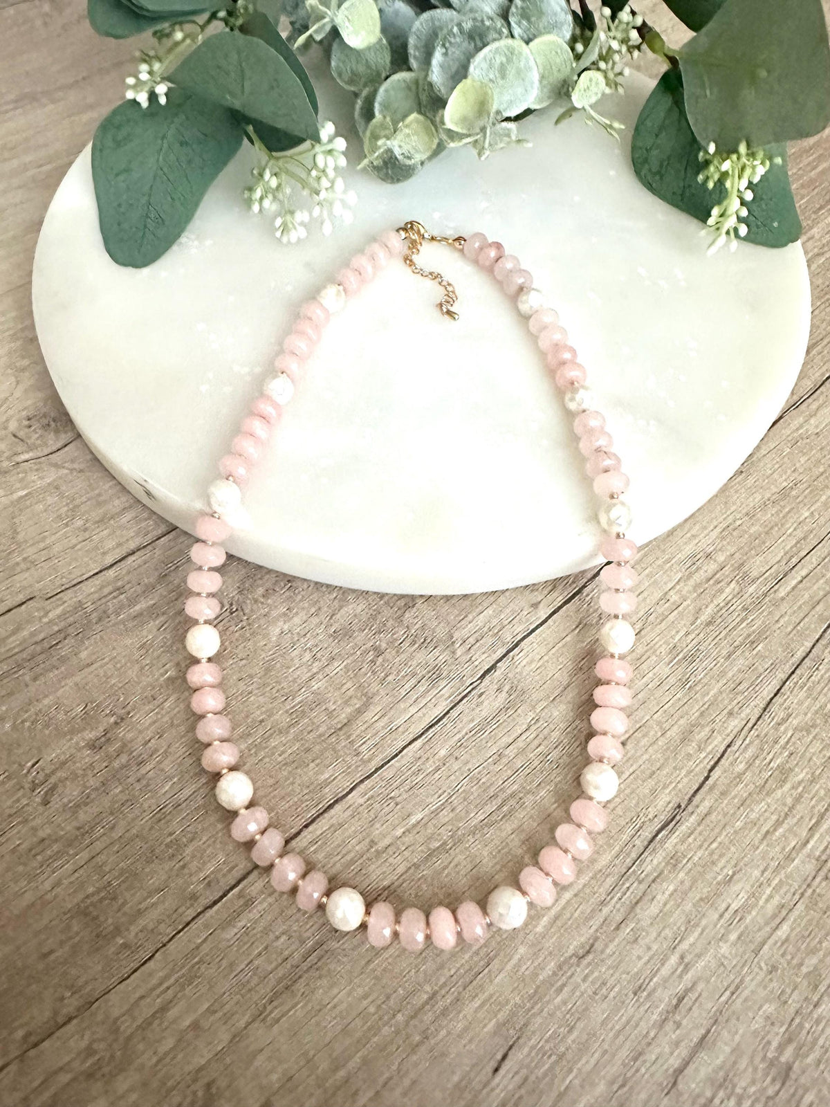 Mystic Pale Pink Jade With Pearls Beaded Necklace -Gift-Wedding-Bridesmaid