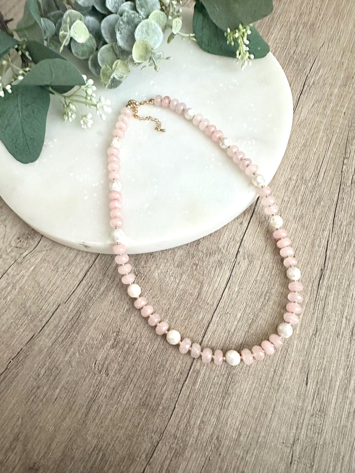 Mystic Pale Pink Jade With Pearls Beaded Necklace -Gift-Wedding-Bridesmaid