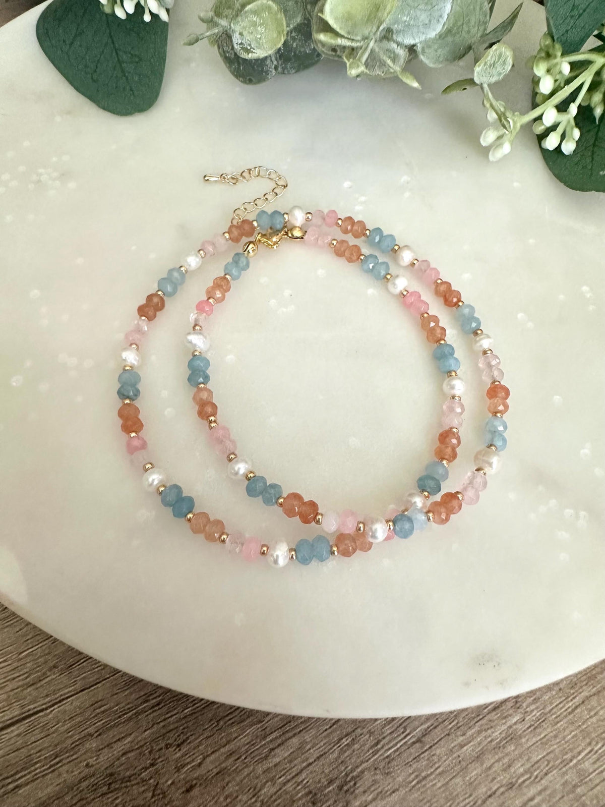 Orange Blue Pink Beaded Necklace -Gift-Wedding-Bridesmaid