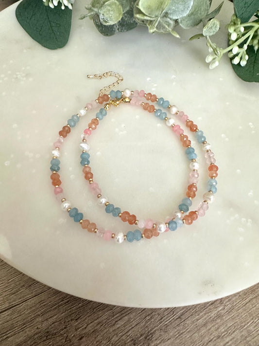 Orange Blue Pink Beaded Necklace -Gift-Wedding-Bridesmaid