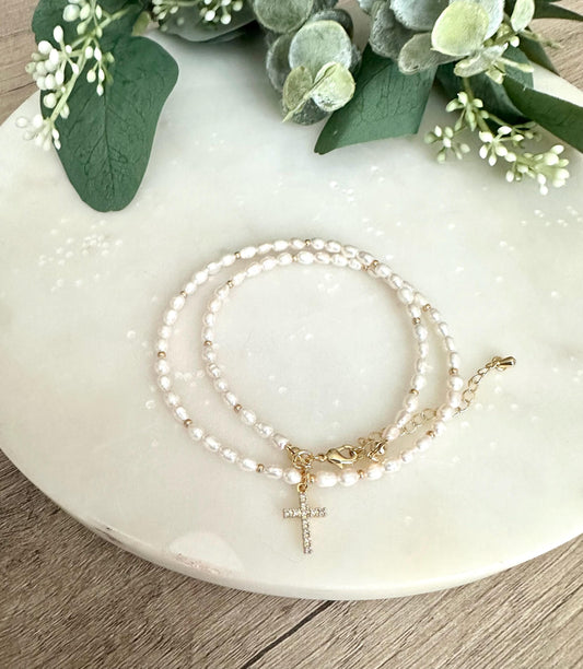 Freshwater Pearl Beaded Cross Necklace -Gift-Wedding-Bridesmaid