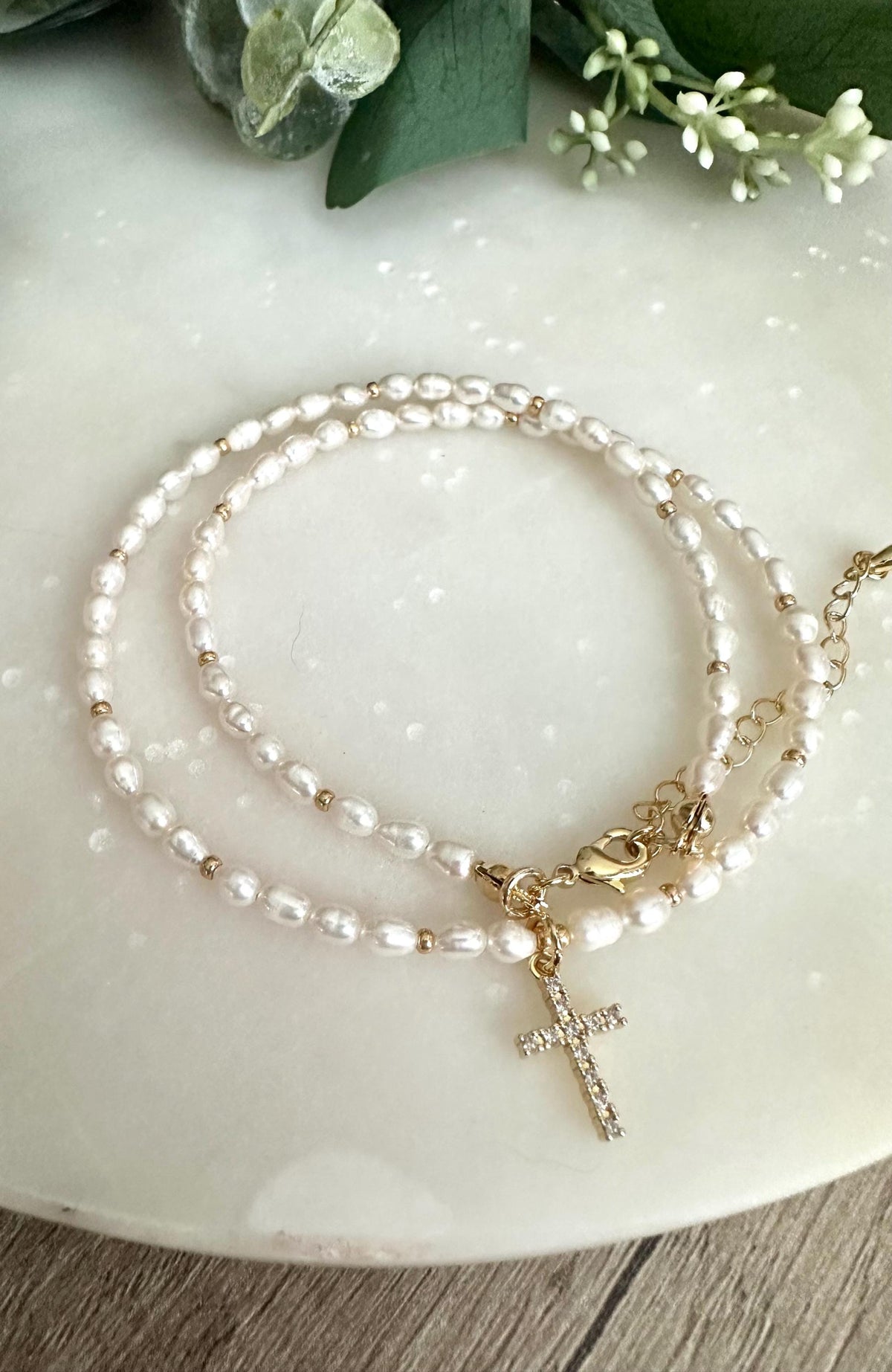 Freshwater Pearl Beaded Cross Necklace -Gift-Wedding-Bridesmaid