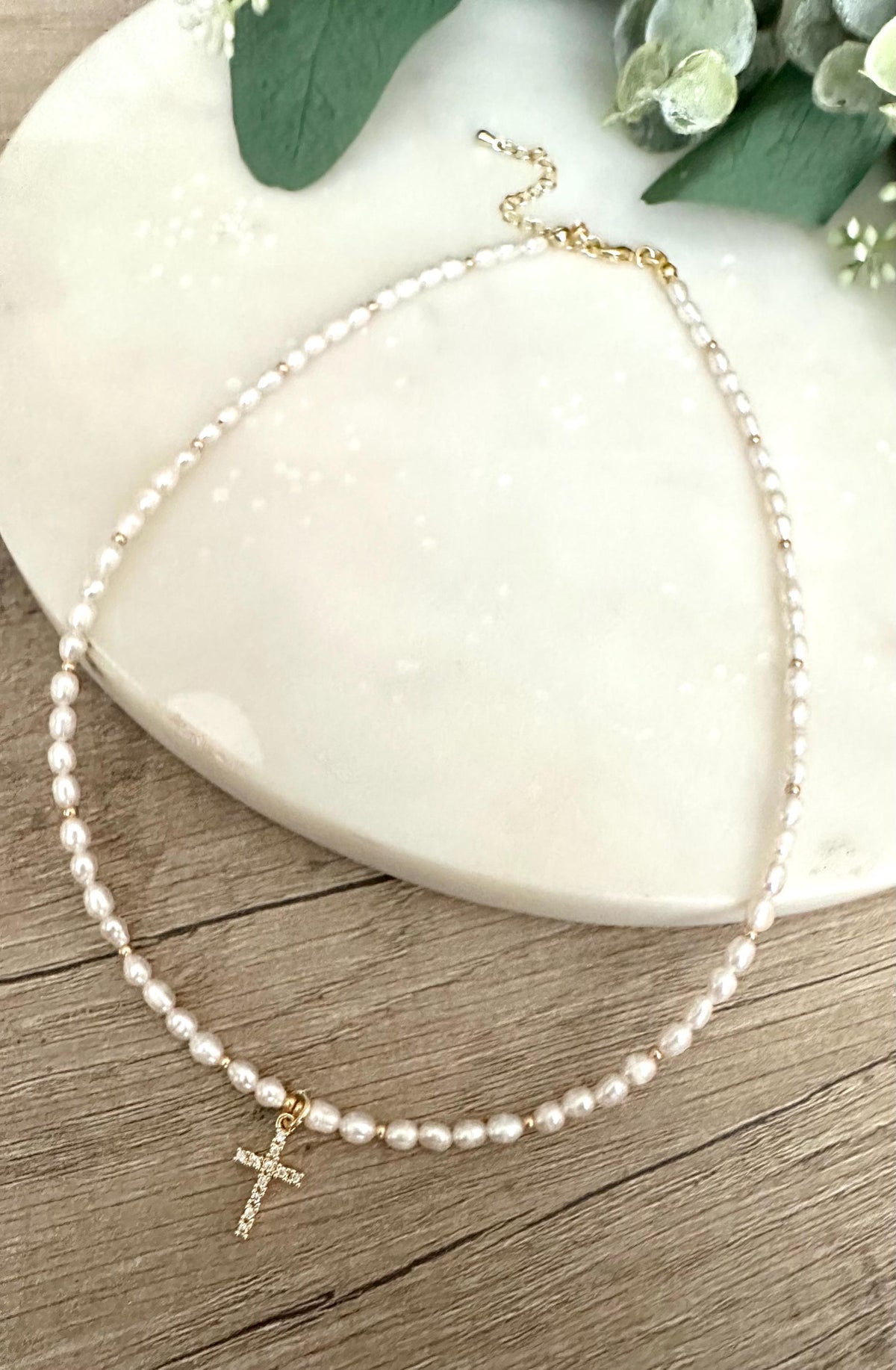 Freshwater Pearl Beaded Cross Necklace -Gift-Wedding-Bridesmaid