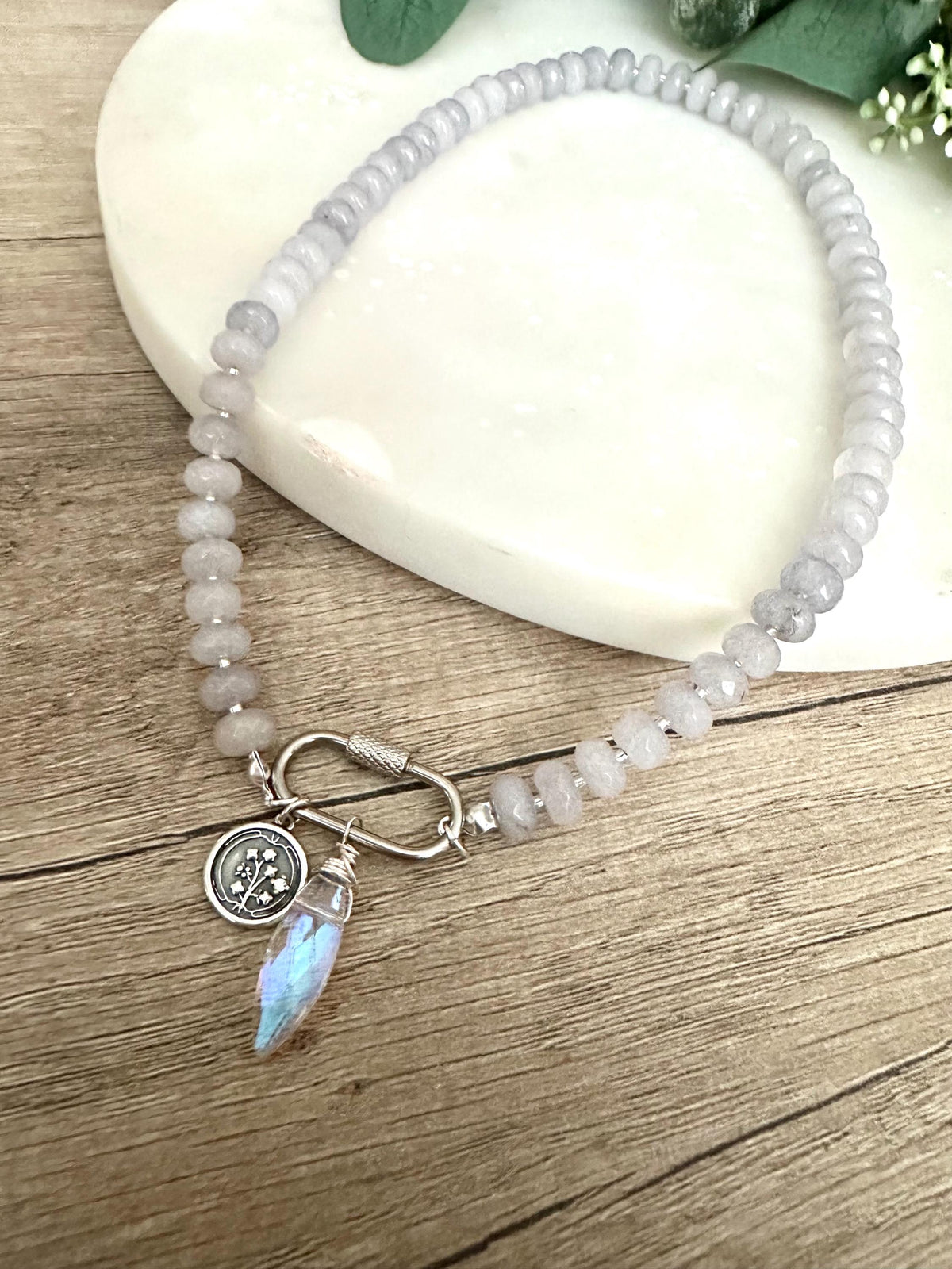 Gray Beaded Caribiner Clasp Necklace -Gift-Wedding-Bridesmaid