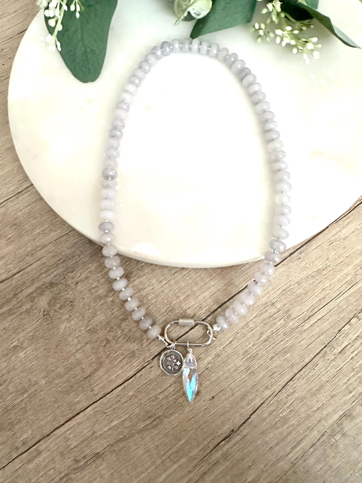 Gray Beaded Caribiner Clasp Necklace -Gift-Wedding-Bridesmaid
