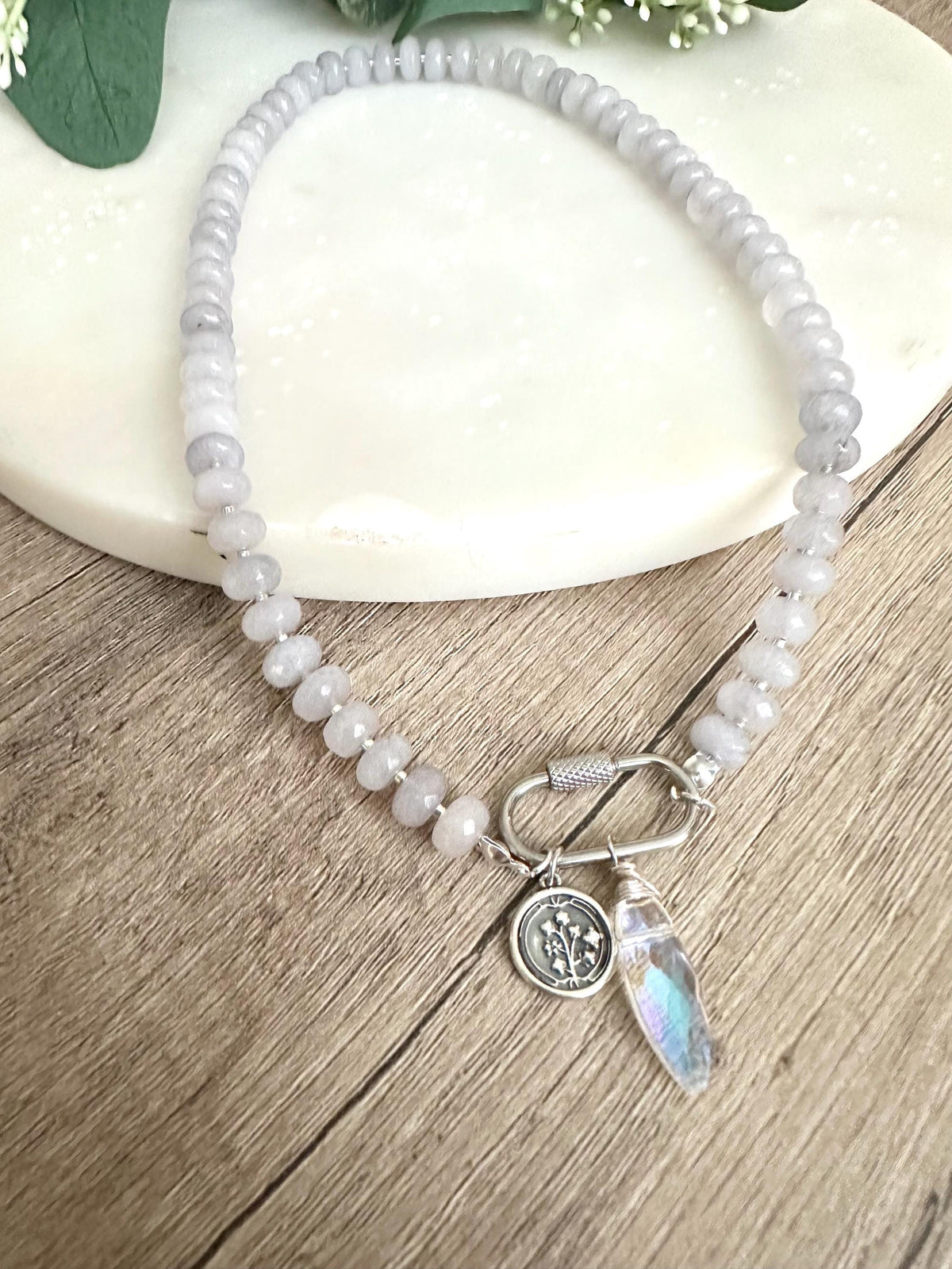 Gray Beaded Caribiner Clasp Necklace -Gift-Wedding-Bridesmaid