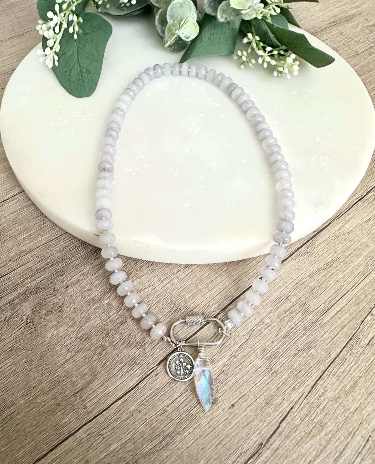 Gray Beaded Caribiner Clasp Necklace -Gift-Wedding-Bridesmaid