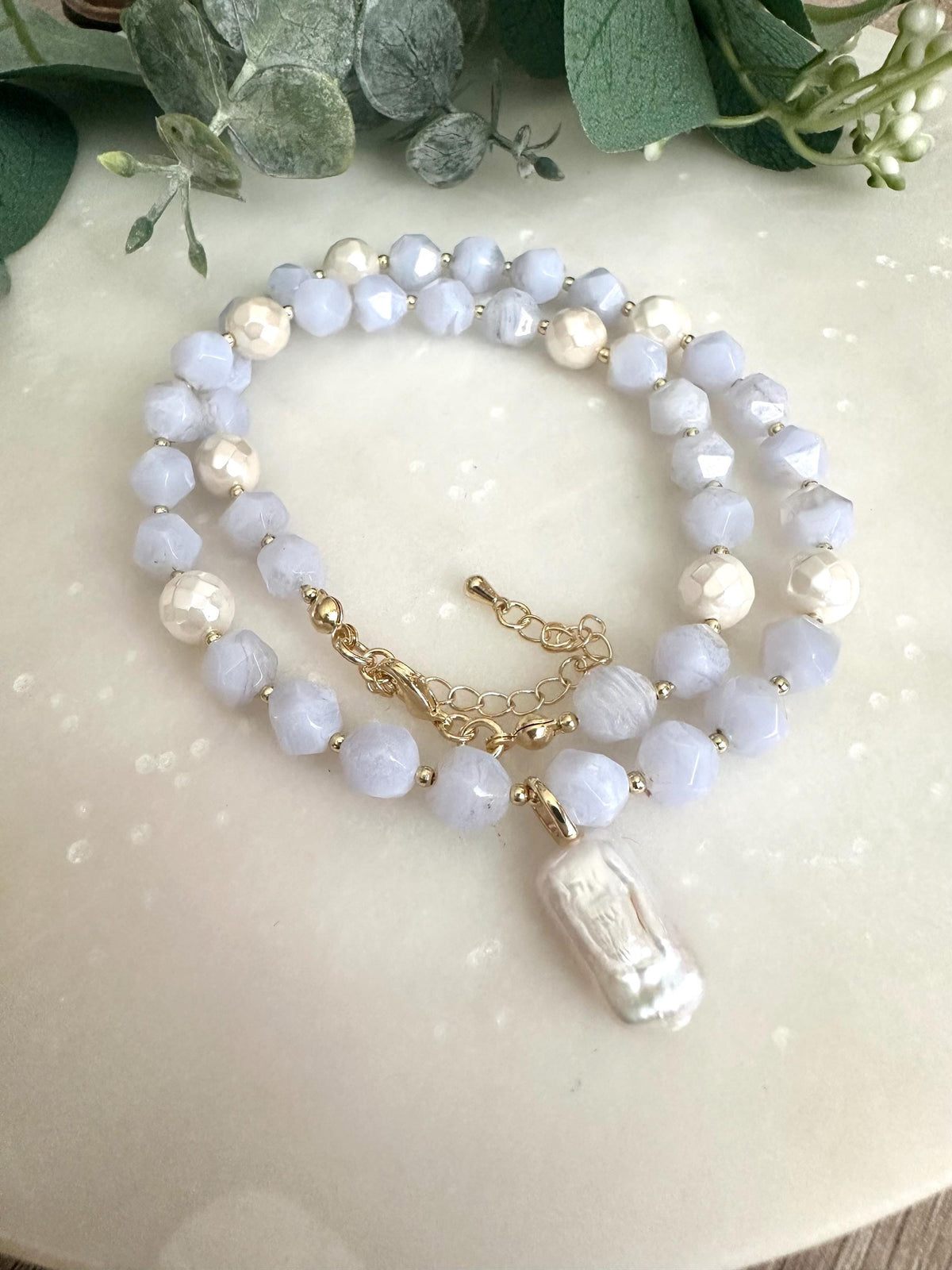 Blue Lace Chalcedony Beaded Pearl Pendant Necklace -Gift-Wedding-Bridesmaids