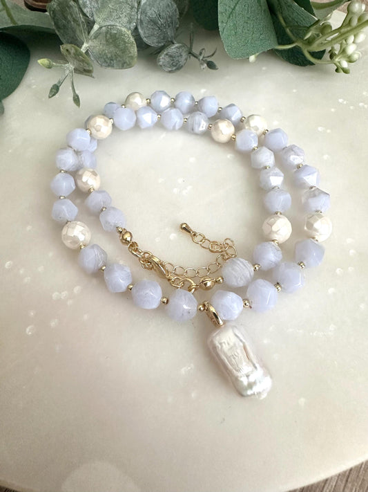 Blue Lace Chalcedony Beaded Pearl Pendant Necklace -Gift-Wedding-Bridesmaids