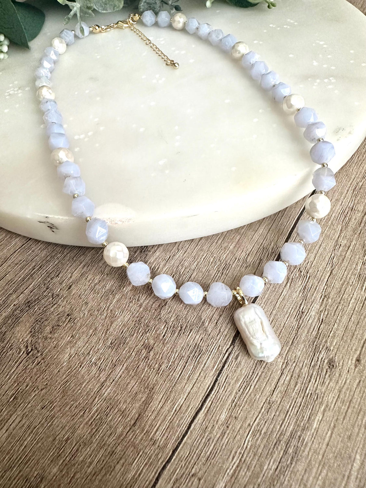 Blue Lace Chalcedony Beaded Pearl Pendant Necklace -Gift-Wedding-Bridesmaids