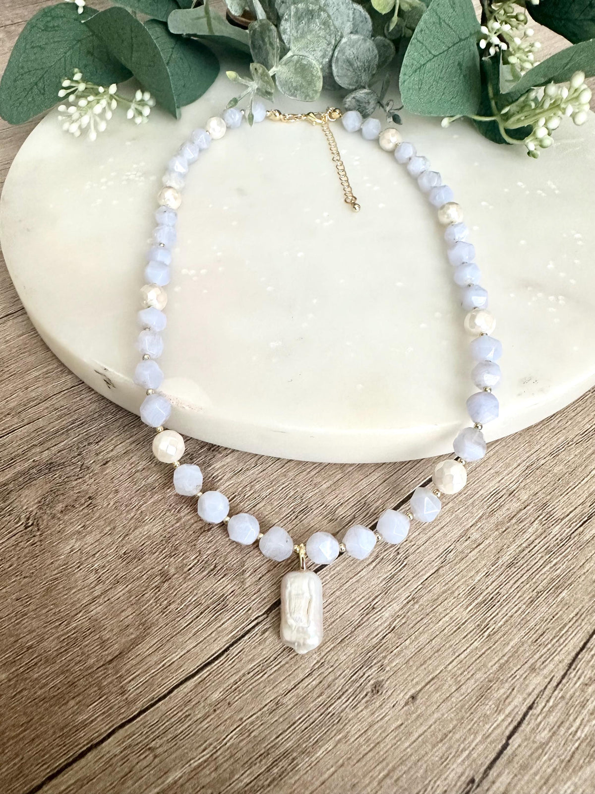 Blue Lace Chalcedony Beaded Pearl Pendant Necklace -Gift-Wedding-Bridesmaids