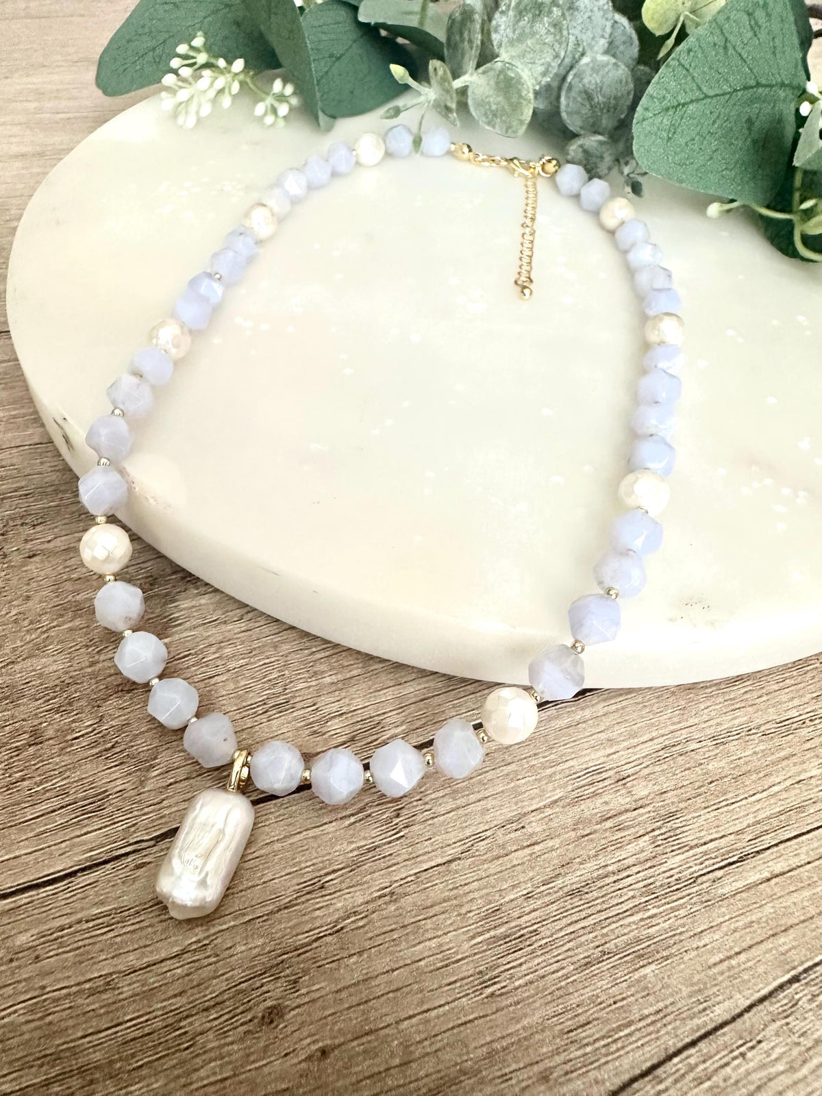 Blue Lace Chalcedony Beaded Pearl Pendant Necklace -Gift-Wedding-Bridesmaids