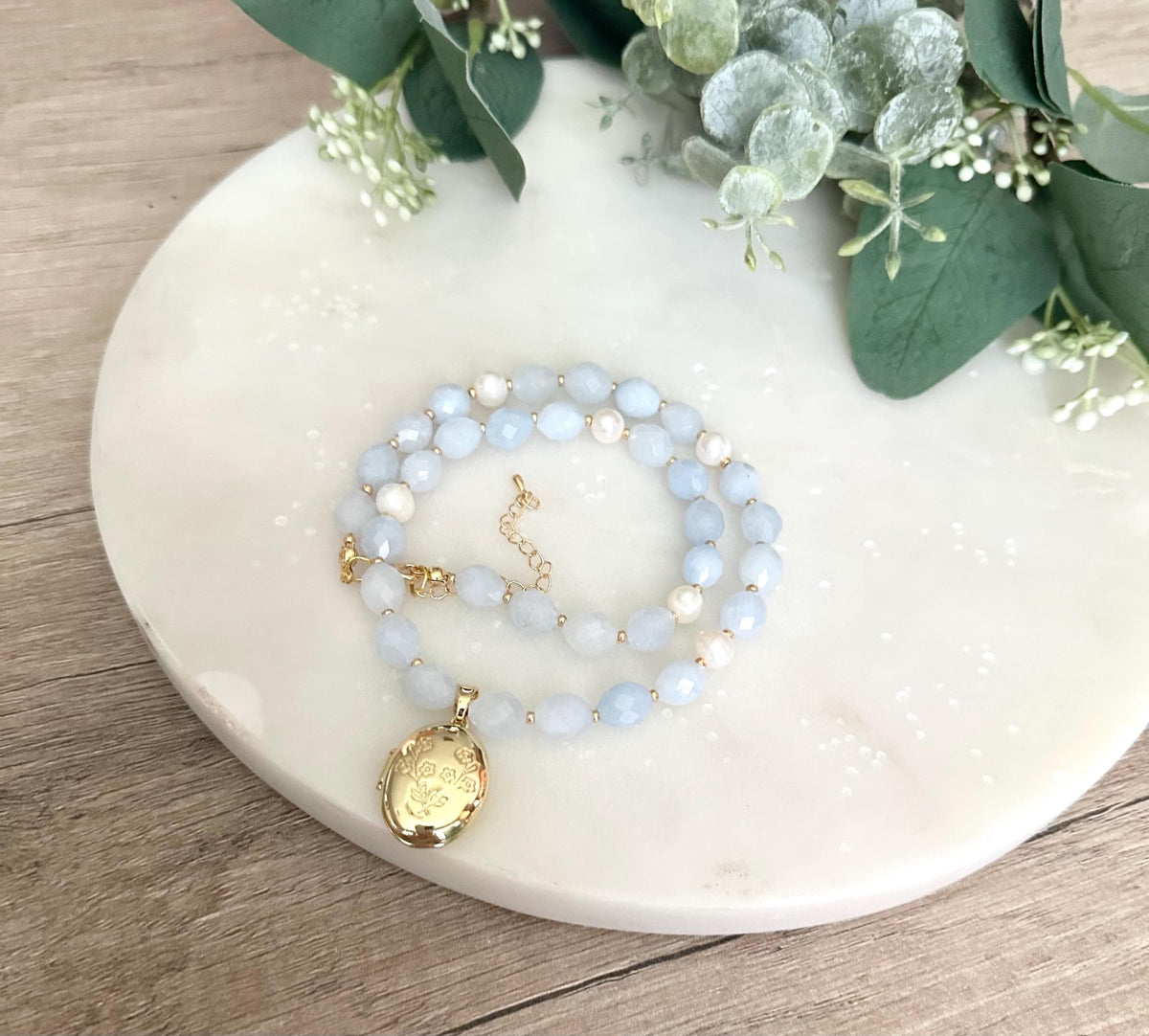 Pale Blue Beaded Locket Necklace -Gift-Wedding-Bridesmaids