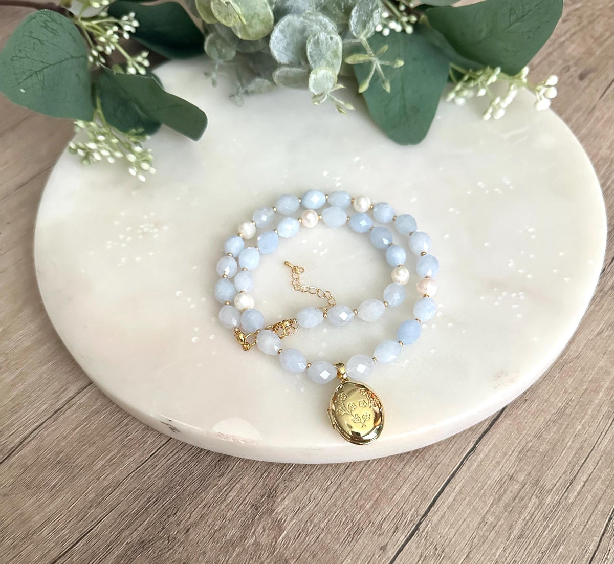 Pale Blue Beaded Locket Necklace -Gift-Wedding-Bridesmaids