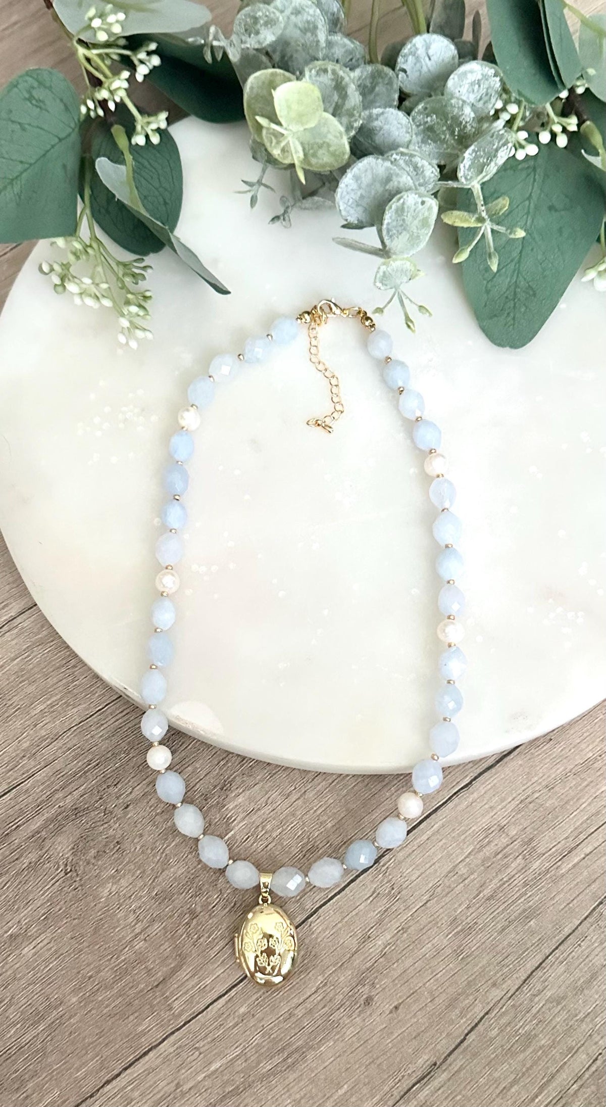 Pale Blue Beaded Locket Necklace -Gift-Wedding-Bridesmaids
