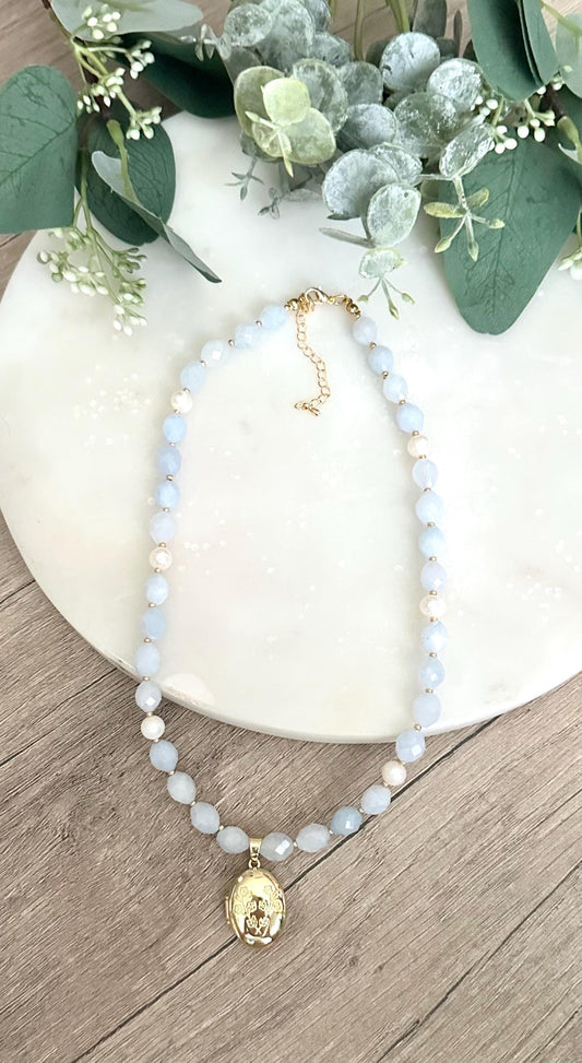Pale Blue Beaded Locket Necklace -Gift-Wedding-Bridesmaids
