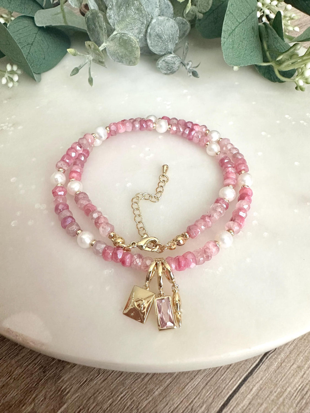 Pink Moonstone with Pearls Beaded Love Letter Necklace