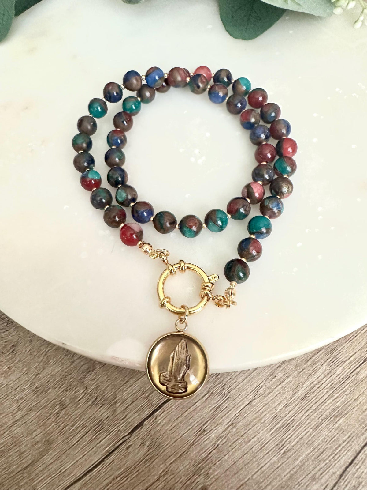 Praying Hands Multi Color Mosiac Quartz Beaded Necklace
