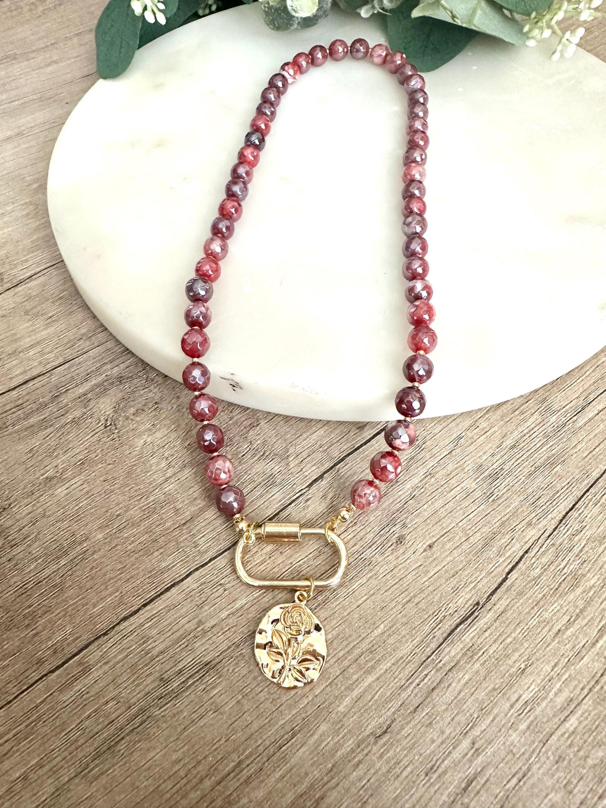 Fall Mystic Red Fire Agate Beaded Rose Pendant Necklace