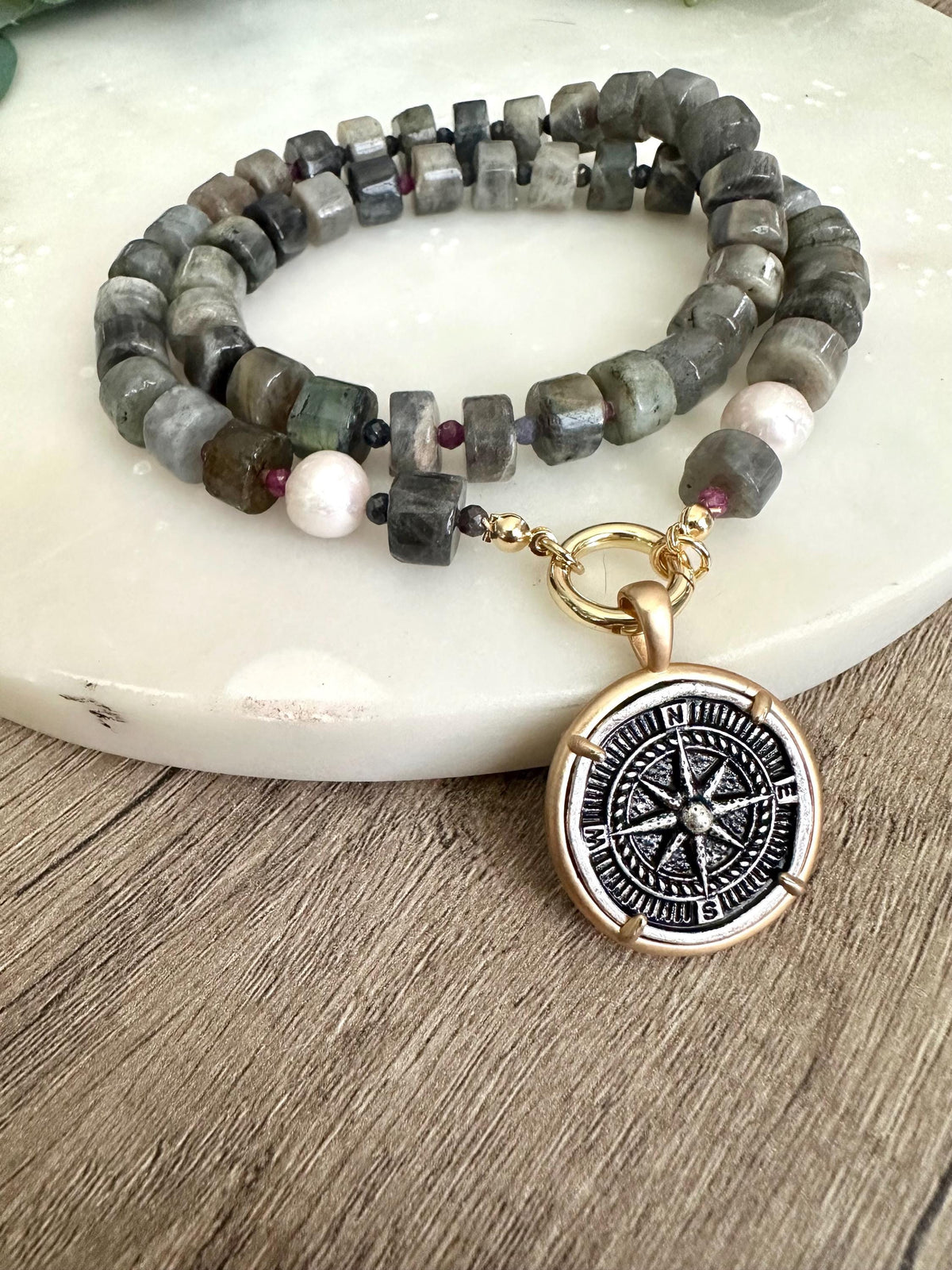 Blue Black Labradorite Beaded Necklace Coin Compass Pendant Chunky Necklaces -Gift-Wedding-Bridesmaid