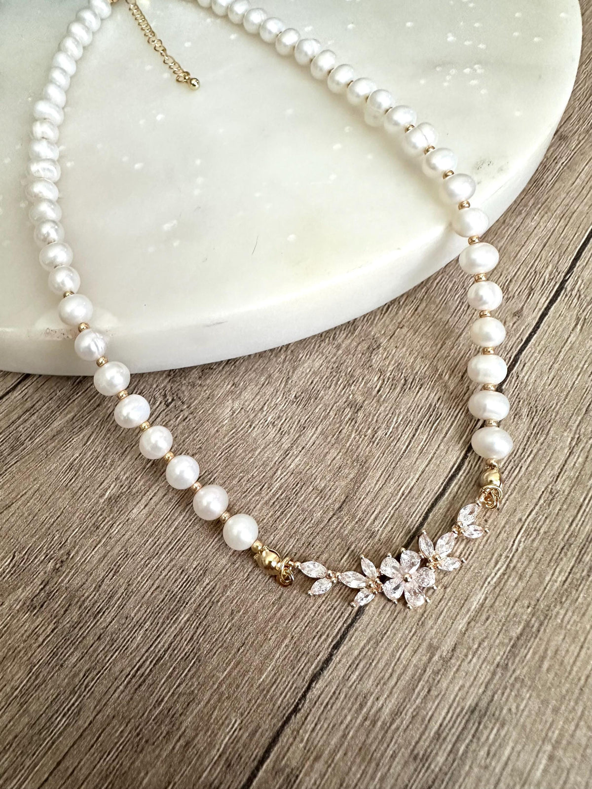Freshwater Pearl Beaded Necklace With Cz Flower Conector -Gift-Wedding-Bridesmaid