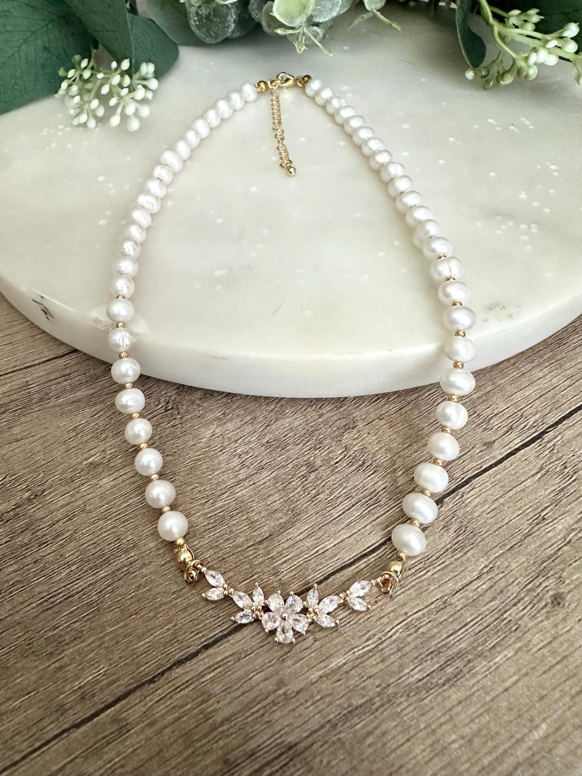 Freshwater Pearl Beaded Necklace With Cz Flower Conector -Gift-Wedding-Bridesmaid