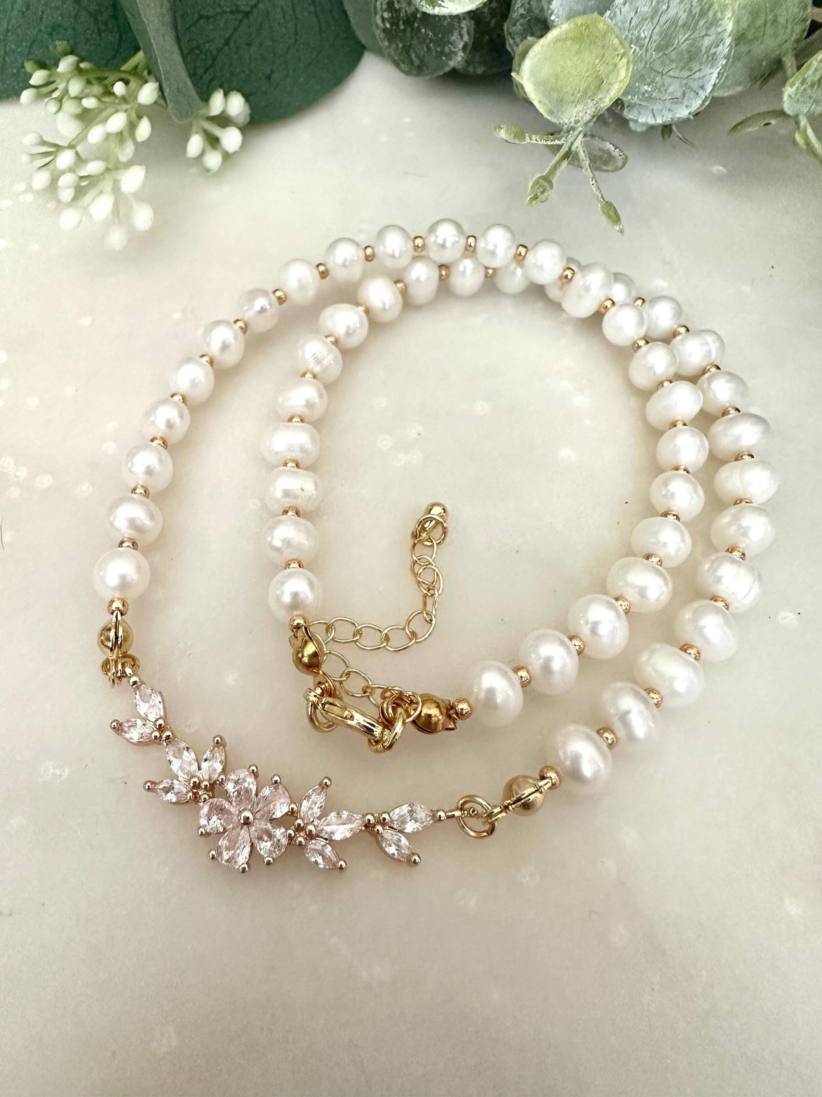 Freshwater Pearl Beaded Necklace With Cz Flower Conector -Gift-Wedding-Bridesmaid