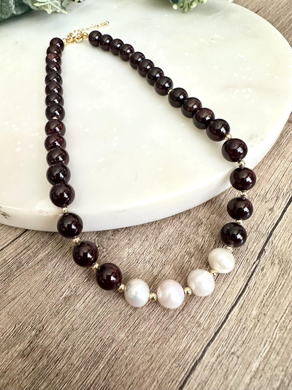 Garnet with Freshwater Pearl Beaded Necklace -Gift-Wedding-Bridesmaid