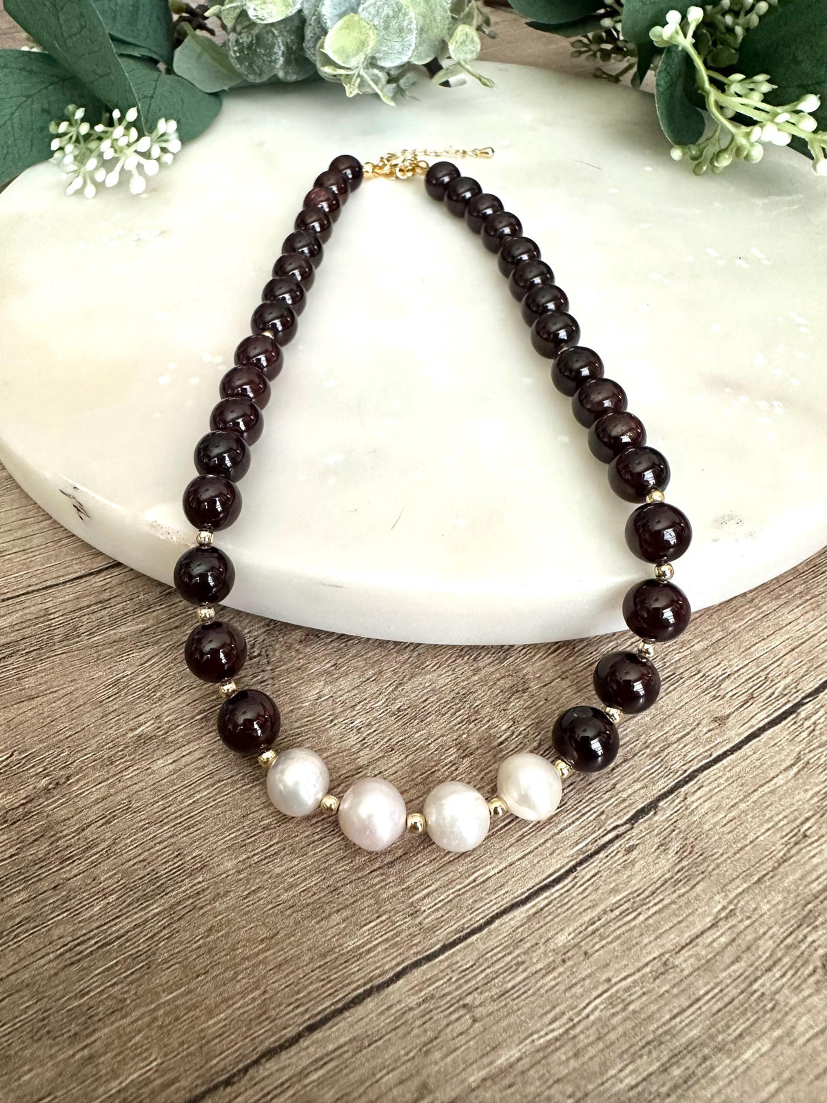 Garnet with Freshwater Pearl Beaded Necklace -Gift-Wedding-Bridesmaid