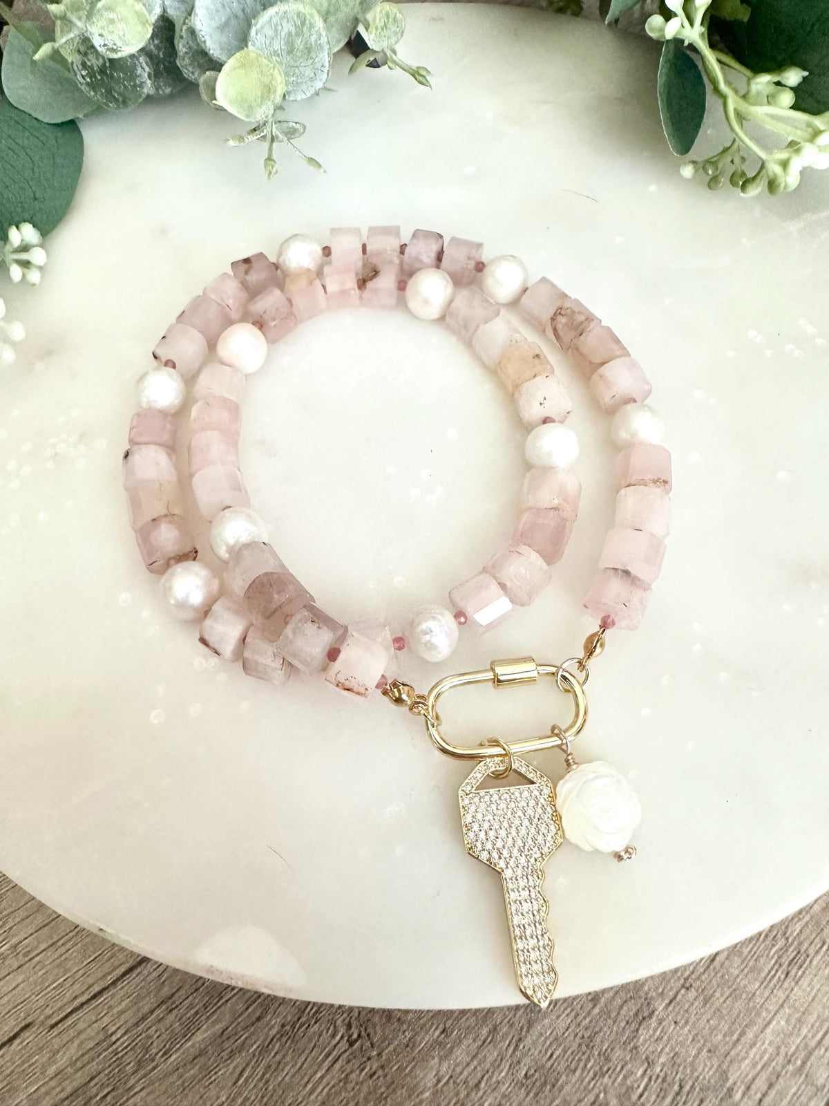 Madagascar Rose Quartz Beaded Necklace CZ Key  Pendant Chunky Necklaces -Gift-Wedding-Bridesmaid