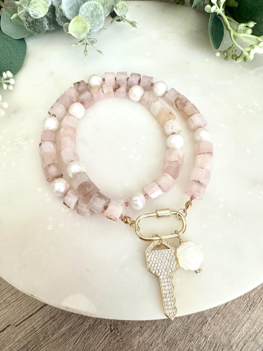 Madagascar Rose Quartz Beaded Necklace CZ Key  Pendant Chunky Necklaces -Gift-Wedding-Bridesmaid