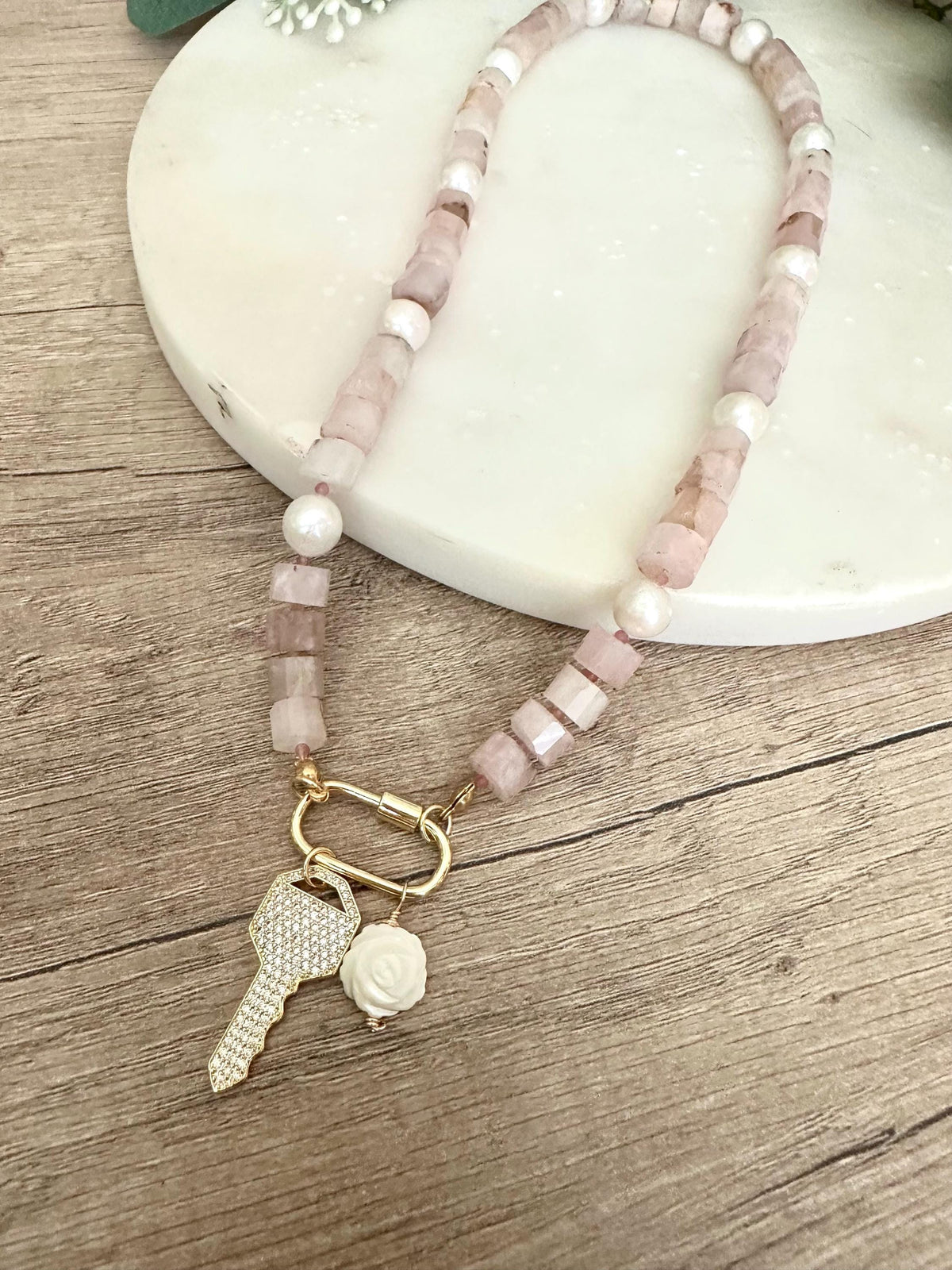 Madagascar Rose Quartz Beaded Necklace CZ Key  Pendant Chunky Necklaces -Gift-Wedding-Bridesmaid