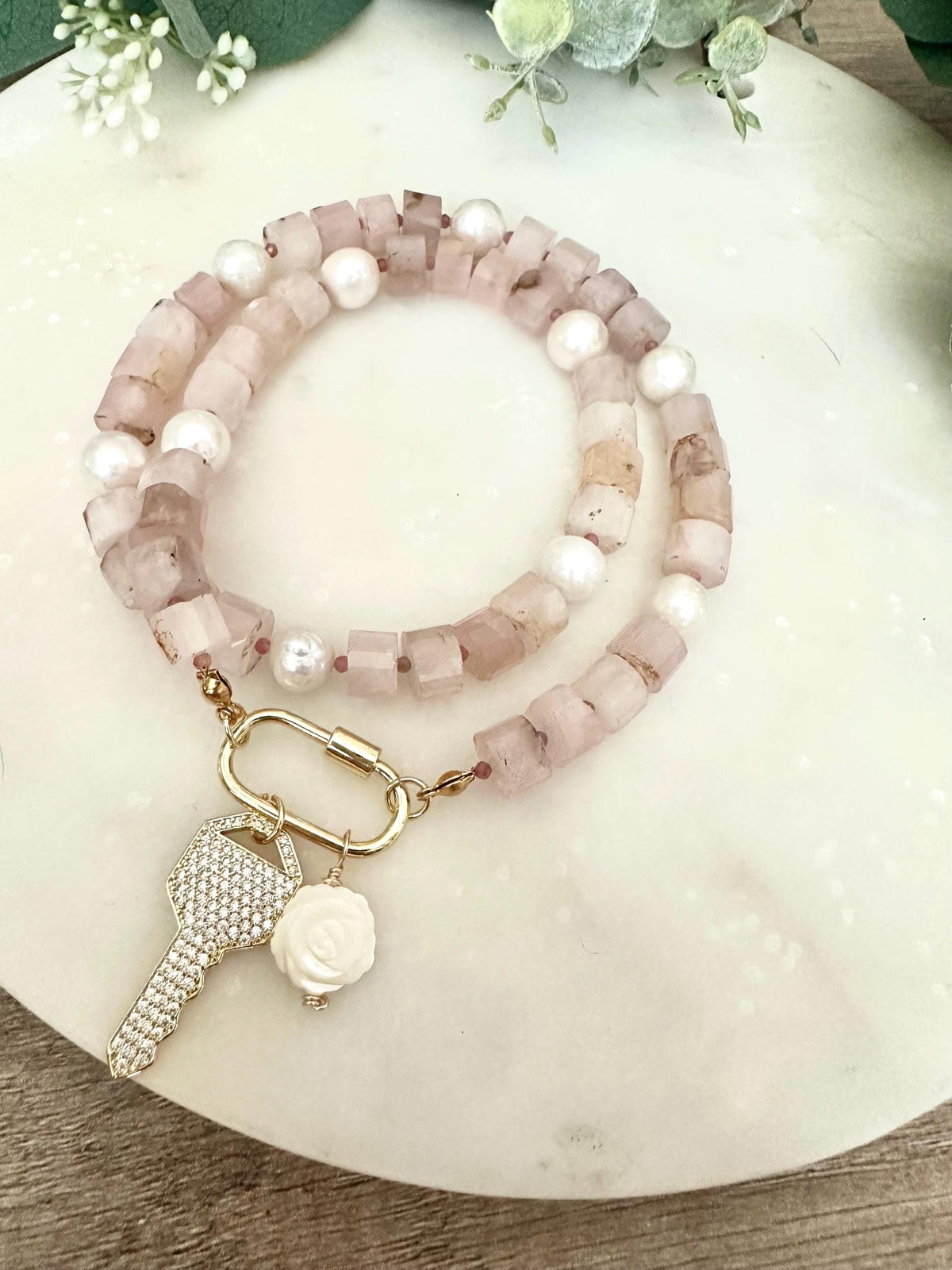 Madagascar Rose Quartz Beaded Necklace CZ Key  Pendant Chunky Necklaces -Gift-Wedding-Bridesmaid