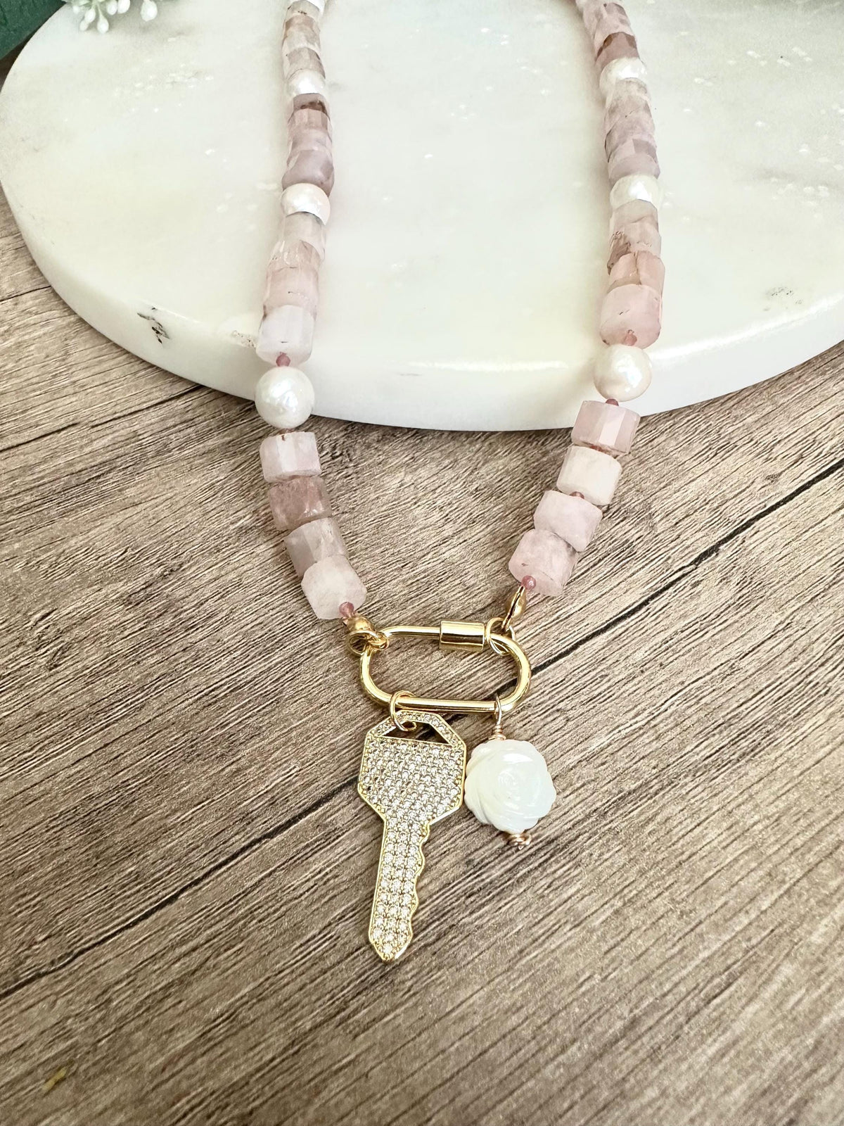 Madagascar Rose Quartz Beaded Necklace CZ Key  Pendant Chunky Necklaces -Gift-Wedding-Bridesmaid